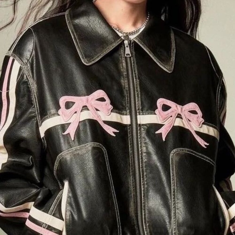 NWOT Diddi Moda Oversized Y2K Motorcycle Leather Jacket, Dual Zip Pink Bow - S